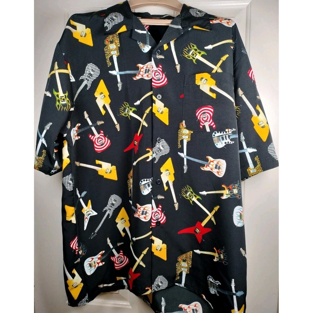 Vintage Dragonfly Clothing Guitar Shirt XL Y2K Rock Roll Microfiber Camp Button
